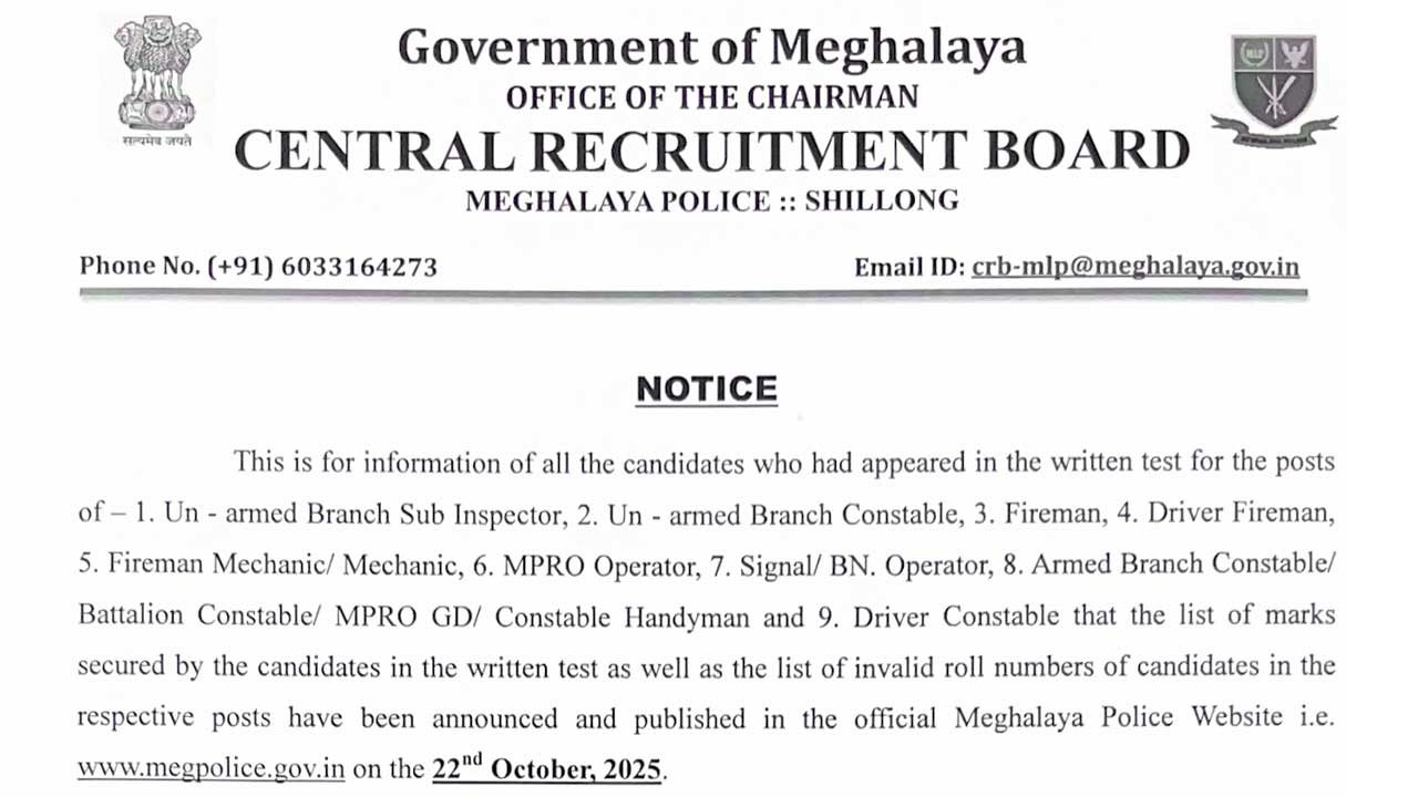 Meghalaya Police Written Test Results Declared – Important Notice for Candidates