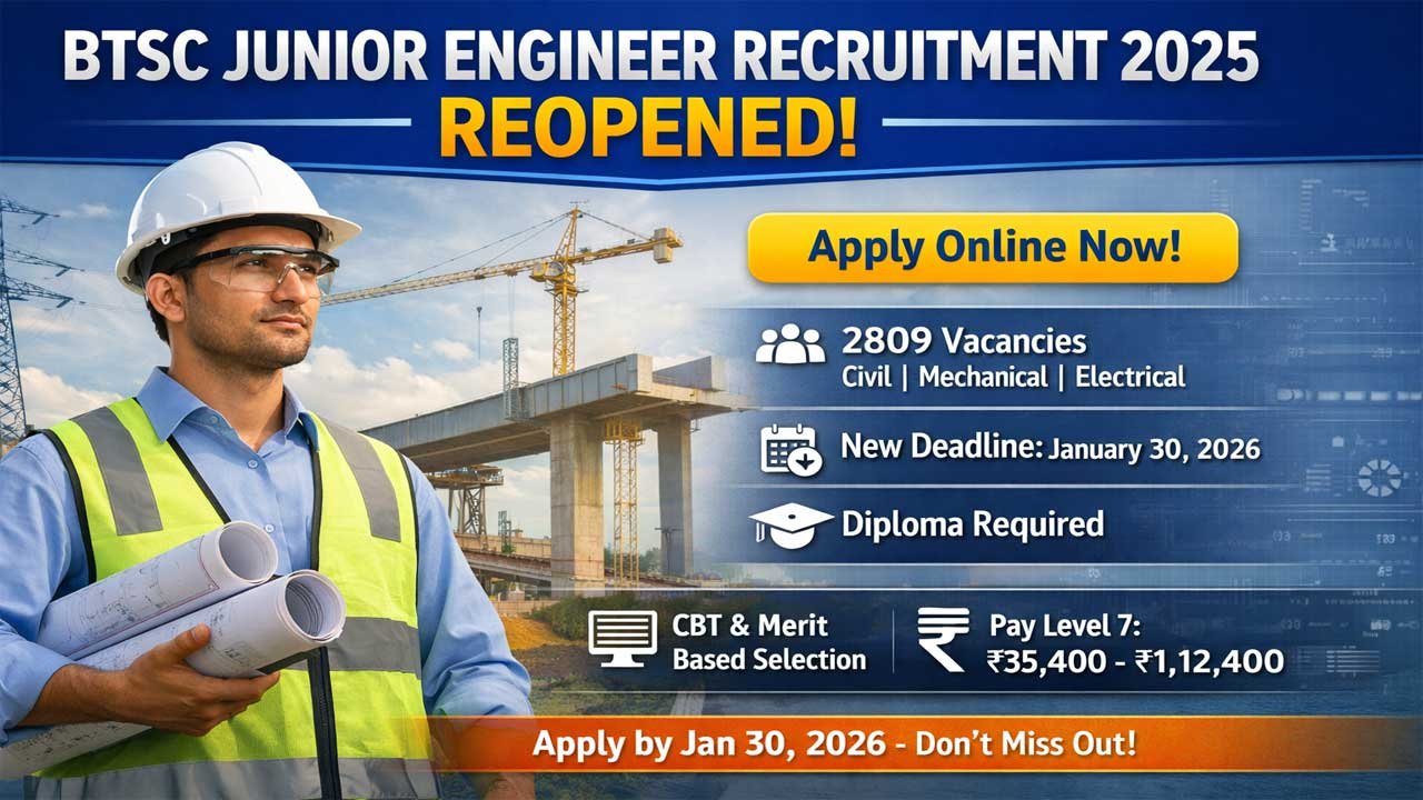 BTSC Junior Engineer Recruitment 2025 Reopened: Apply Online for 2809 JE Posts Till Jan 30, 2026