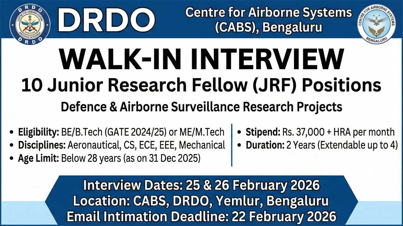 CABS DRDO JRF Recruitment 2026 Walk-In Interview for 10 Junior Research Fellow Posts