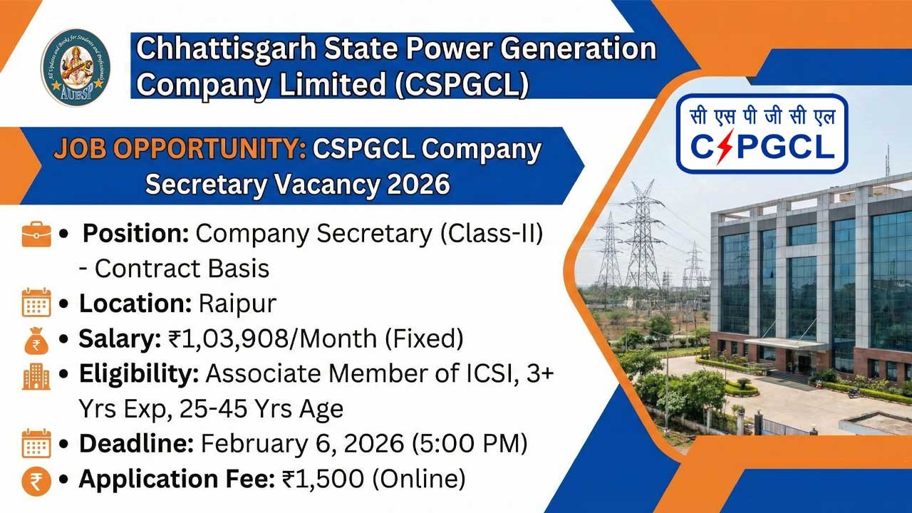 CSPGCL Company Secretary Recruitment 2026: Salary ₹1.03 Lakh, Eligibility, Apply Process