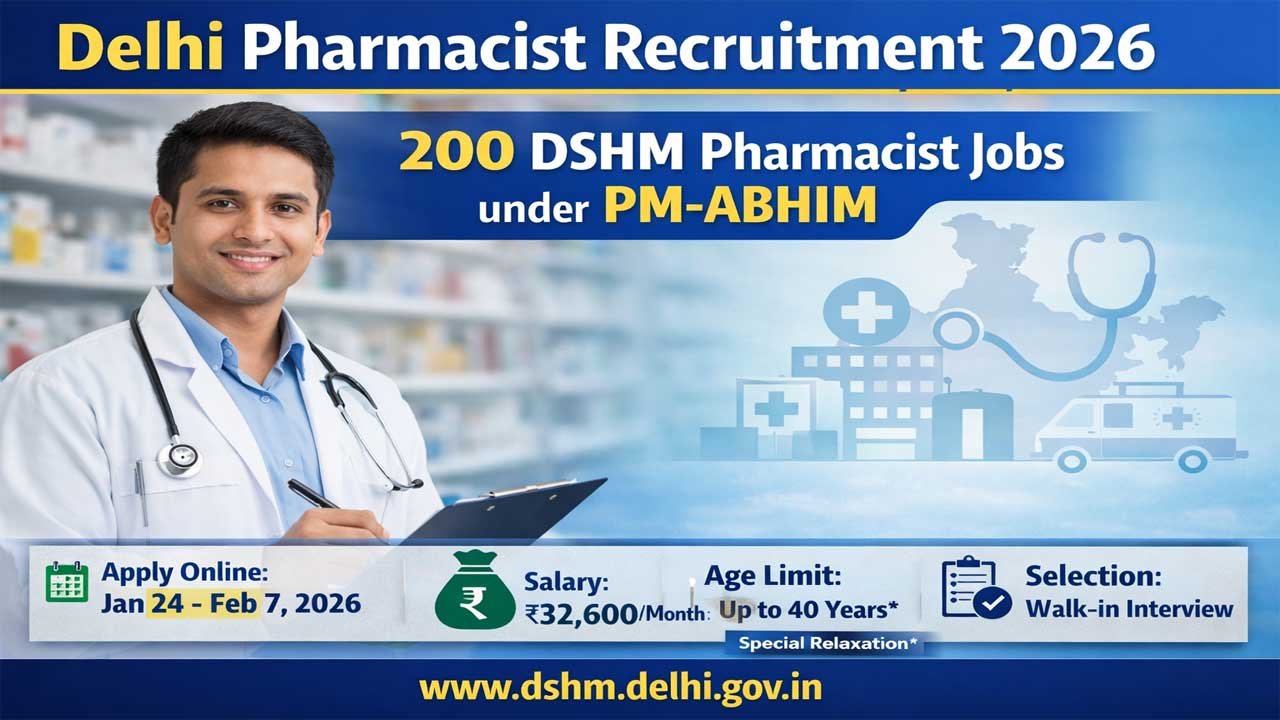 Delhi Pharmacist Recruitment 2026: 200 DSHM Pharmacist Jobs under PM-ABHIM