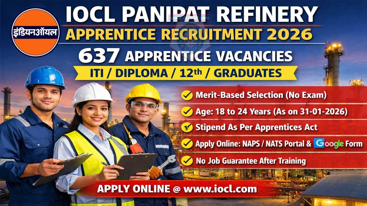 IOCL Panipat Refinery Apprentice Recruitment 2025-26: 637 Vacancies, Eligibility, Apply Online, Last Date 20 February 2026